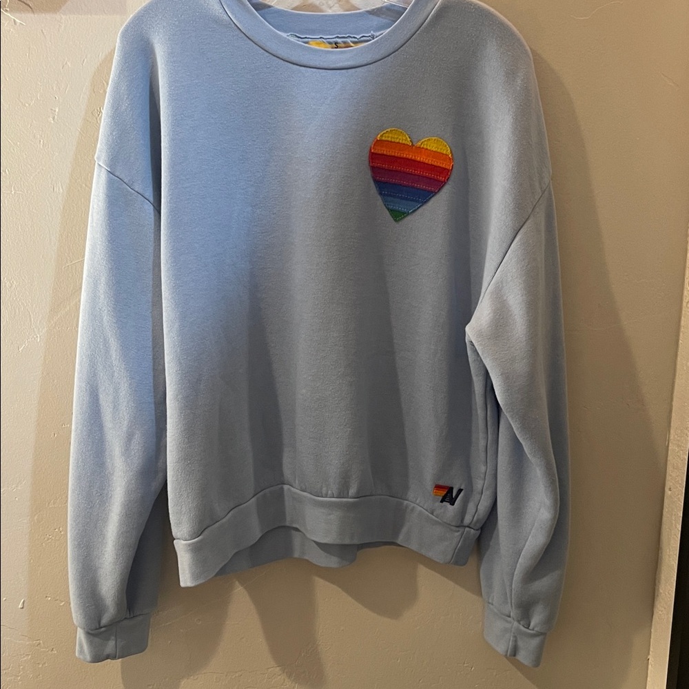Aviator Nation Light Blue Sweatshirt with Rainbow Heart